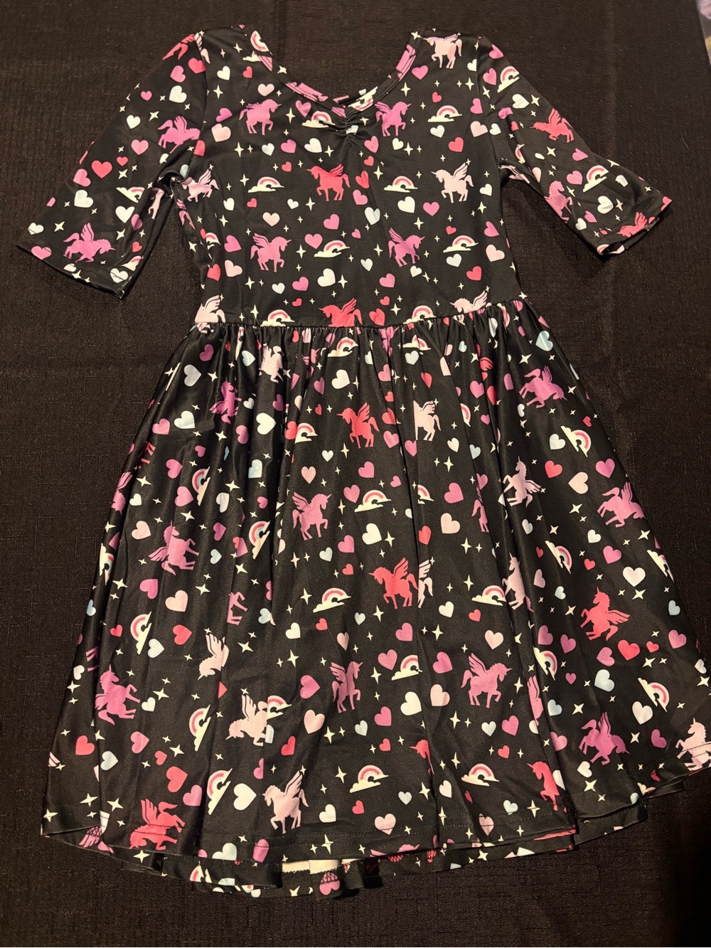 Dot Dot Smile Black Skater Dress with Pink Unicorns & Hearts